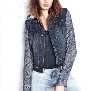Free People Distressed Denim Jean Jacket W/ Knit Sleeves & Hood Black Size Small